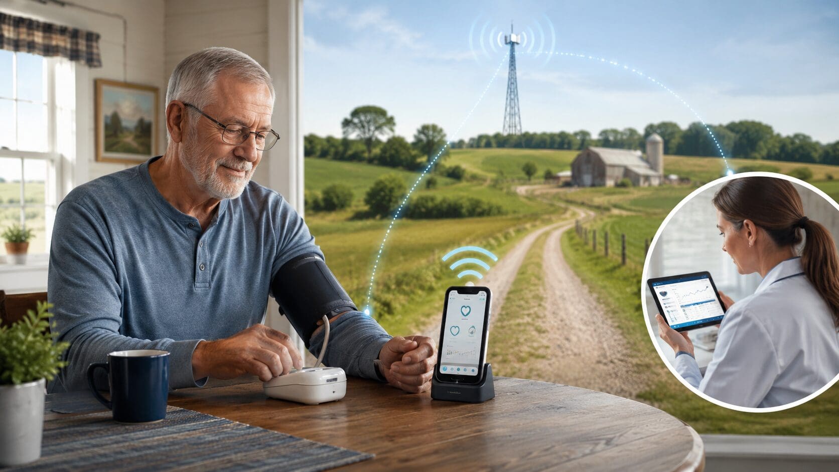 Older man in a rural home uses a cellular-connected blood pressure monitor while his health data is transmitted to a remote clinician reviewing it on a tablet.