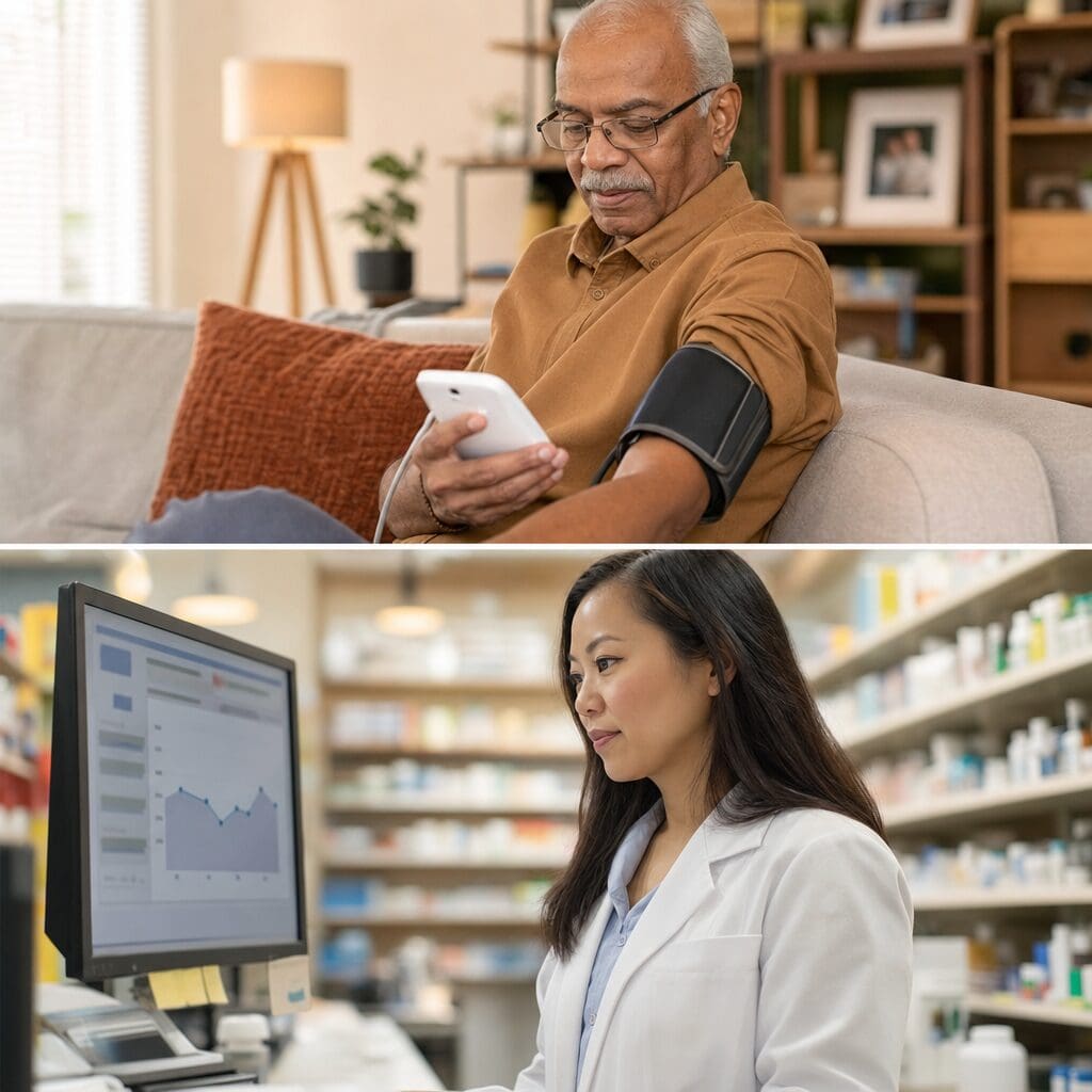 Split image: a patient taking a blood pressure reading at home, and a pharmacist viewing that reading on a computer screen in the pharmacy